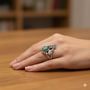 Sterling Silver Turquoise Ring | Floral Art Nouveau Style | Size 5.5